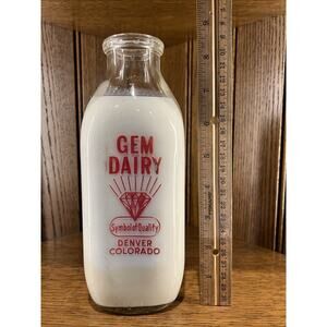 Antique Gem Dairy Denver Colorado Mountain Old Milk Glass Bottle Jar Decor (D)